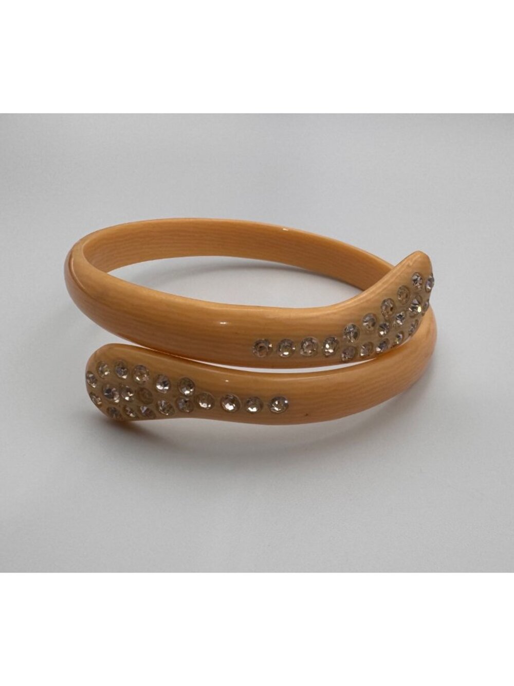 Vintage Caramel Cream Celluloid Rhinestone Wrap Bracelet Bypass Bangle 7.25”